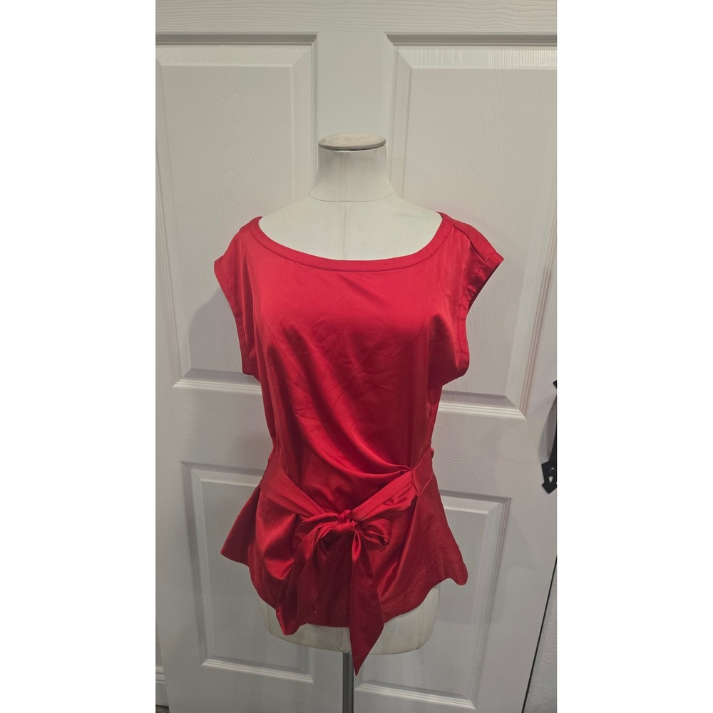 NEW YORK & COMPANY RED SATIN WRAP PEPLUM TOP‎ SIZE L